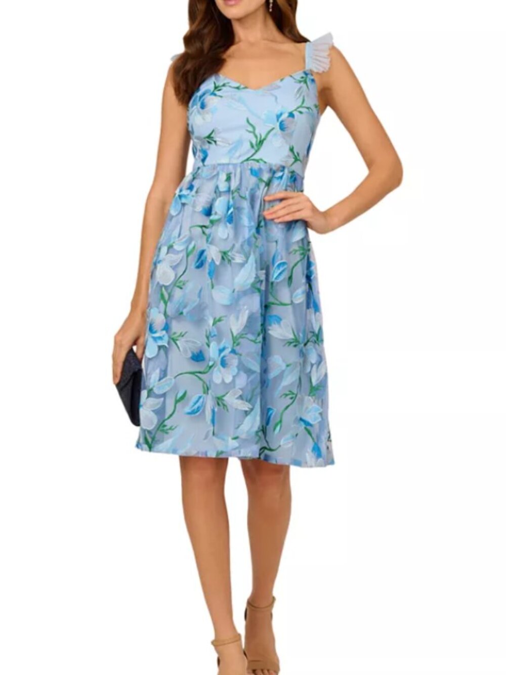 Adrianna Papell NWT Blue Floral Embroidered Flutter Sleeve Midi Dress